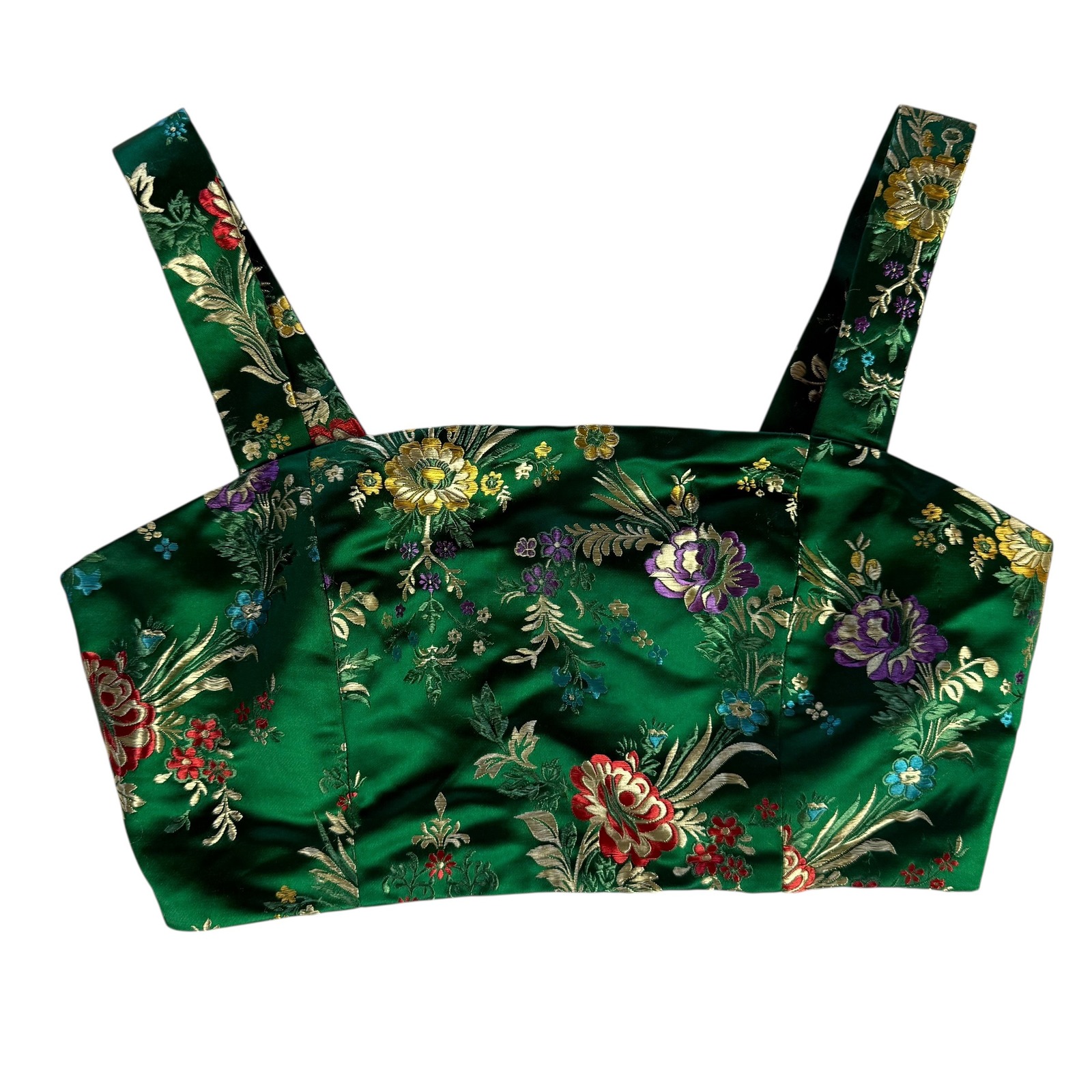 Emerald Green Floral Brocade Jacquard Crop Top Square Neck Satin Zip Small Asian